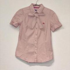 極美品　Burberry Blue label リボン　ストライプ　ブラウス　S バーバリーブルーレーベル】ボウタイリボン付き 半袖ブラウス
