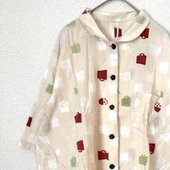 シャツ 半袖 胸ポケット カップ柄 総柄 大きめ ゆったり 薄手 羽織り