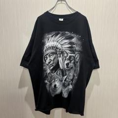 インディアンヘッド オオカミ Tシャツ 黒 アニマルT シングルステッチ