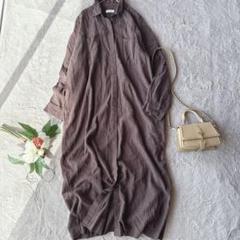 美品(F)リネン長袖シャツワンピース/ロング/麻/羽織り/上着/ブラウン