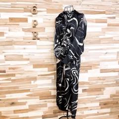 【ザラ】サテン ロング ワンピース アート マーブル 総柄 モノクロ S 黒×白