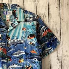 80sヴィンテージUSA製 RJCアロハシャツ 開襟 青 XL マリン柄 イルカ 80sヴィンテージUSA製 RJCアロハシャツ 開襟 青 XL マリン柄