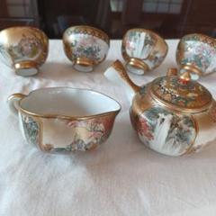 九谷焼　細密画　紅葉狩り　滝　菊花　金彩　青粒鉄仙