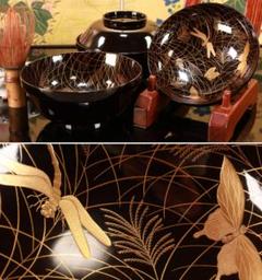 BJ112 時代輪島塗金沢蒔絵秋乃図昆虫尽くし蒔絵吸物椀二客木製 本金