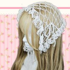 ハンドメイド　バブーシュカ　レース糸　フリル　リボン　ホワイト　ヘッドドレス