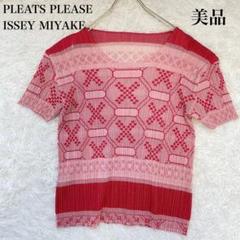 美品✨️プリーツプリーズ イッセイミヤケ 半袖 トップス Tシャツ総柄 レッド L