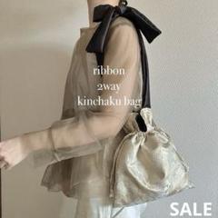 2wayショルダーバッグ　巾着バッグgold beige black SALE