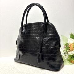 クロコ型押し　DIANAダイアナ　ハンドバッグ　南京錠　ブガッティ　レザー　黒