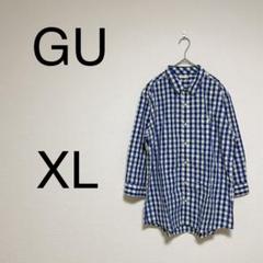 ジーユー メンズ シャツ ドット ギンガムチェック 青 白 XL