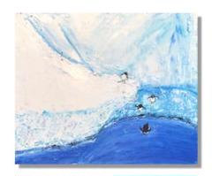 絵画　油絵　原画　動物　ペンギン　ブルー　夏　アート　インテリア　F4 絵画油絵原画動物ペンギンブルー夏アートインテリアF4