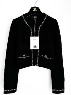 シャネル ココマークロゴ ラメ加工 裾チェーン パイピング ノーカラージャケット 極美品】CHANEL シャネル ラメ入りノーカラーデニムジャケット