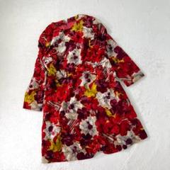 レトロ ビンテージ 花柄ベルベット ワンピース ミニ丈 赤系 長袖 スエード M