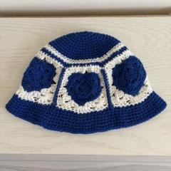 【新品、未使用品】バケットハット　ハート柄青　ハンドメイド　クロシェハット