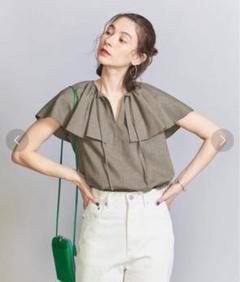 【WEB限定】リネンライク ラッフルカラーブラウス -ウォッシャブルーのサムネイル