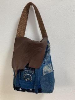 古布リメイク　ハンドメイド　藍染いろいろ　ワンハンドルトートバッグ 古布リメイク 手作り 藍染色々 雪ん子絣 型染め 縦型トート