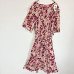 花柄　半袖　ロングワンピース　フレア　総柄　ピンク　紐リボン