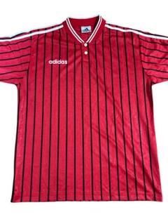 adidas 90s サッカーシャツ 赤 ストライプ トレフォイル地紋柄 光沢