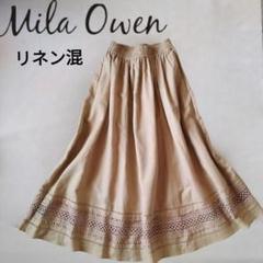 Mila Owen ベージュ　レース　ゴム フレアスカート　リネン混
