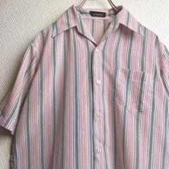 古着 シャツ 柄シャツ 総柄 ストライプ 開襟 オープンカラー レッド 半袖