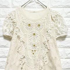 レース シフォン パール ビジュー カットソー 半袖 白 花 パフ袖 K1373