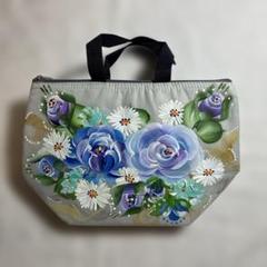 青紫薔薇のランチトートバッグ　保冷保温　トールペイント　手書き　ハンドメイド　夏