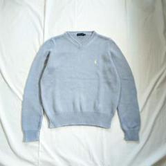 【RALPH LAUREN】90s~ロゴ刺繍・短丈コットンニット　くすみブルー RALPH LAUREN】90s~ロゴ刺繍・短丈コットンニット くすみブルー