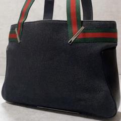 値下げ/希少 グッチ シェリーライン デニム×レザー トート A4可 ハンド 黒 希少】GUCCI トートバッグ デニム×レザー シェリーライン GG柄