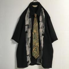 半袖ネクタイシャツ 古着 日本製 アート柄シルクネクタイ 楊柳透け感ポリシャツ