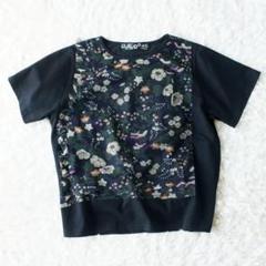 ふりふ　和風小花柄チュール半袖Tシャツ　カットソー　ブラック　フリーサイズ