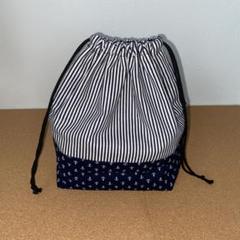 ストライプとイカリ柄　大きめ巾着　お弁当袋に最適　裏地付き　ハンドメイド