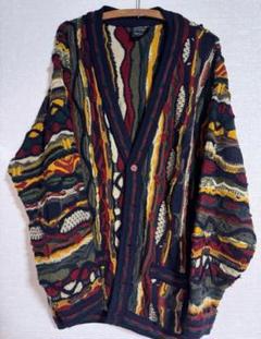 極美品◎90s COOGI ビューティフルパターン 3Dコットンカーディガン S 90s COOGI クージー 3Dニットカーディガン 総柄ニット 黄色 M