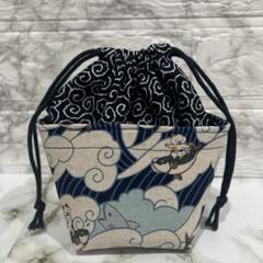 感謝セール　ミニ巾着ポーチ★小物入れ★ハンドメイド★波乗りネコちゃん×唐草模様