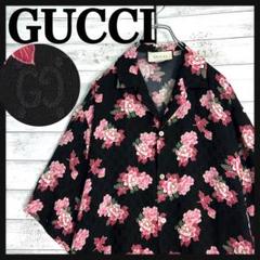 10869【美品・シルク長袖100%】グッチ☆GGロゴ×花柄 定番カラーシャツ黒