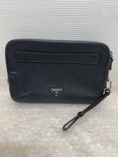 【未使用級】PRADA クラッチバッグ　ポーチ　サテン生地　黒　ブラック　レザー 未使用級】PRADA クラッチバッグ ポーチ サテン生地 黒 ブラック