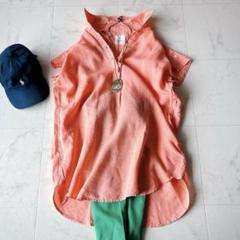 美品*SHIPSシップス リネン フレンチスリーブ シャツ チュニック丈オレンジ