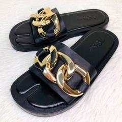 ✨美品✨ ZARA 35サンダル ミュール ゴールドビックチェーン レザー 黒