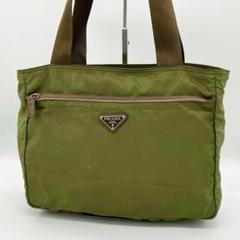 【美品】PRADA 三角プレート トートバッグ ナイロン レザー グリーン