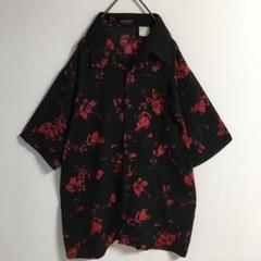 90s 古着 花柄 オープンカラー シアーシャツ 黒 メンズL レトロボタン