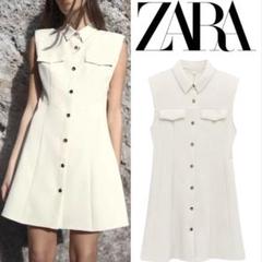 【完売品】ZARA クレープミニワンピース S 新品タグつき　エクリュ 完売品】ZARA クレープミニワンピース S 新品タグつき エクリュ