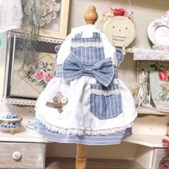 ブルー　ボーダー　ありすエプロン　犬ワンピース　フェミニン　犬服　完成品S