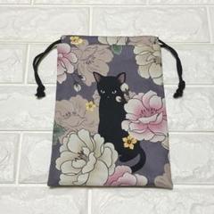 百花繚乱☆黒猫さん♪ハンドメイド＊御朱印帳入れ☆巾着袋