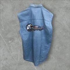 【k7627】USA古着スリーリバース00s当時物バイクノースリーブデニムシャツ
