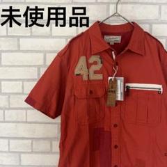 ●未使用品　AVIREX 半袖シャツ　レザー　オレンジ　ダメージ