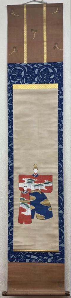 B316b「古画 色彩立雛図」掛軸　作者不詳　桃の節句　葵紋竹屋町裂・和紙表装 B316b「古画 色彩立雛図」掛軸 作者不詳 桃の節句 葵紋竹屋町裂