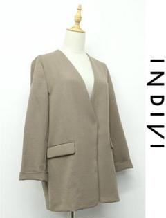 K423/美品 INDIVI ノーカラージャケット 38 M カーキブラウン