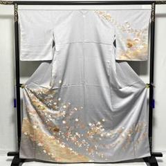 D985 訪問着 一つ紋 花模様 金彩 正絹 着物 袷 しつけ糸付き未