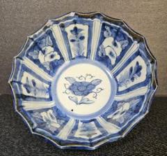 古伊万里　染付　向付　雪輪　芙蓉手　江戸時代　酒器　アンティーク　金継ぎ　金直し 江戸時代古伊万里染付芙蓉手葦の葉に亀甲文に鳥図28.3cm 大鉢