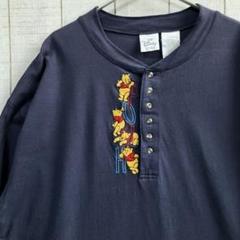 Disney 古着　長袖　ハーフボタン　刺繍　プーさん　ロンT アメカジ
