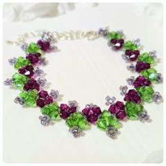 ハンドメイド　紫緑　クリスタルビーズ　ブレスレット　シルバー