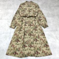 昭和レトロ花柄長袖ワンピースロング丈フレアベルト付アースカラーフリーサイズ緑古着